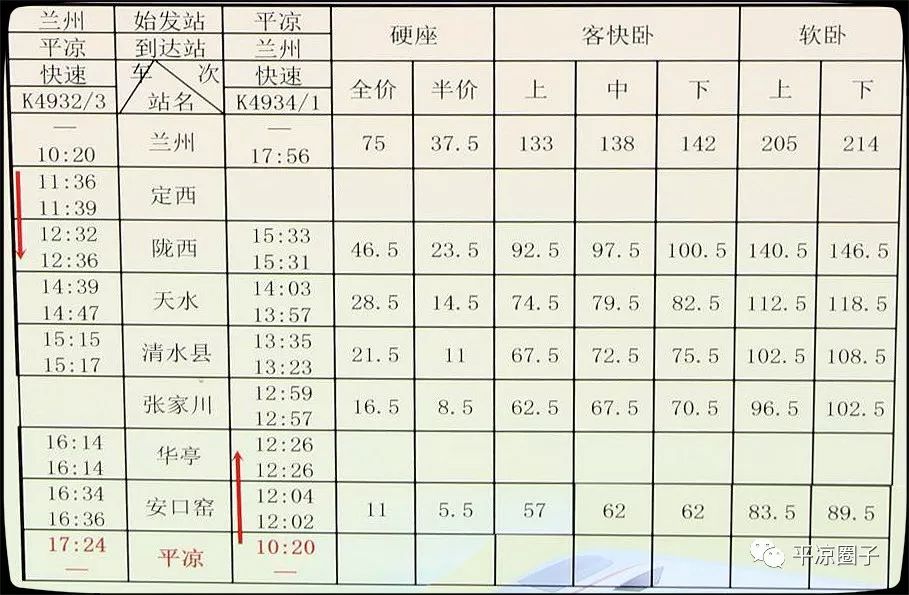 天水最新火车时刻表